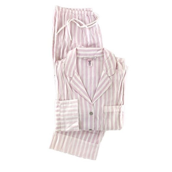 Victoria's Secret Other - Victoria’s Secret White Light Pink Silver Stripe Pajama Shirt Pants Set Small